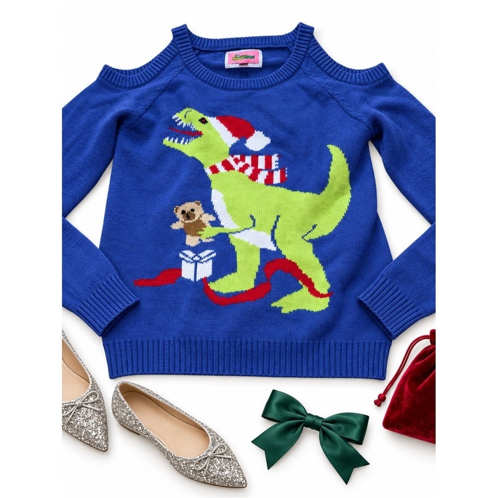 Tipsy Elves Womens XS Blue T-Rex Dinosaur Cold Shoulder Ugly Christmas Sweater